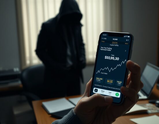 Person looking at smartphone with fake crypto trading app, shadowy figure in background