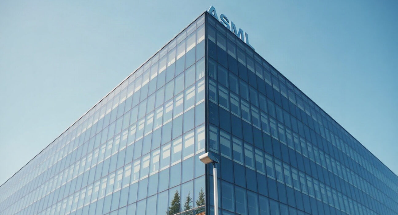ASML headquarters building in Veldhoven, Netherlands, under a clear sky.