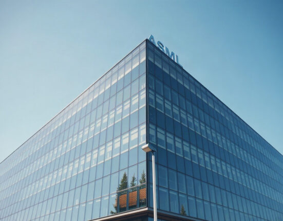 ASML headquarters building in Veldhoven, Netherlands, under a clear sky.