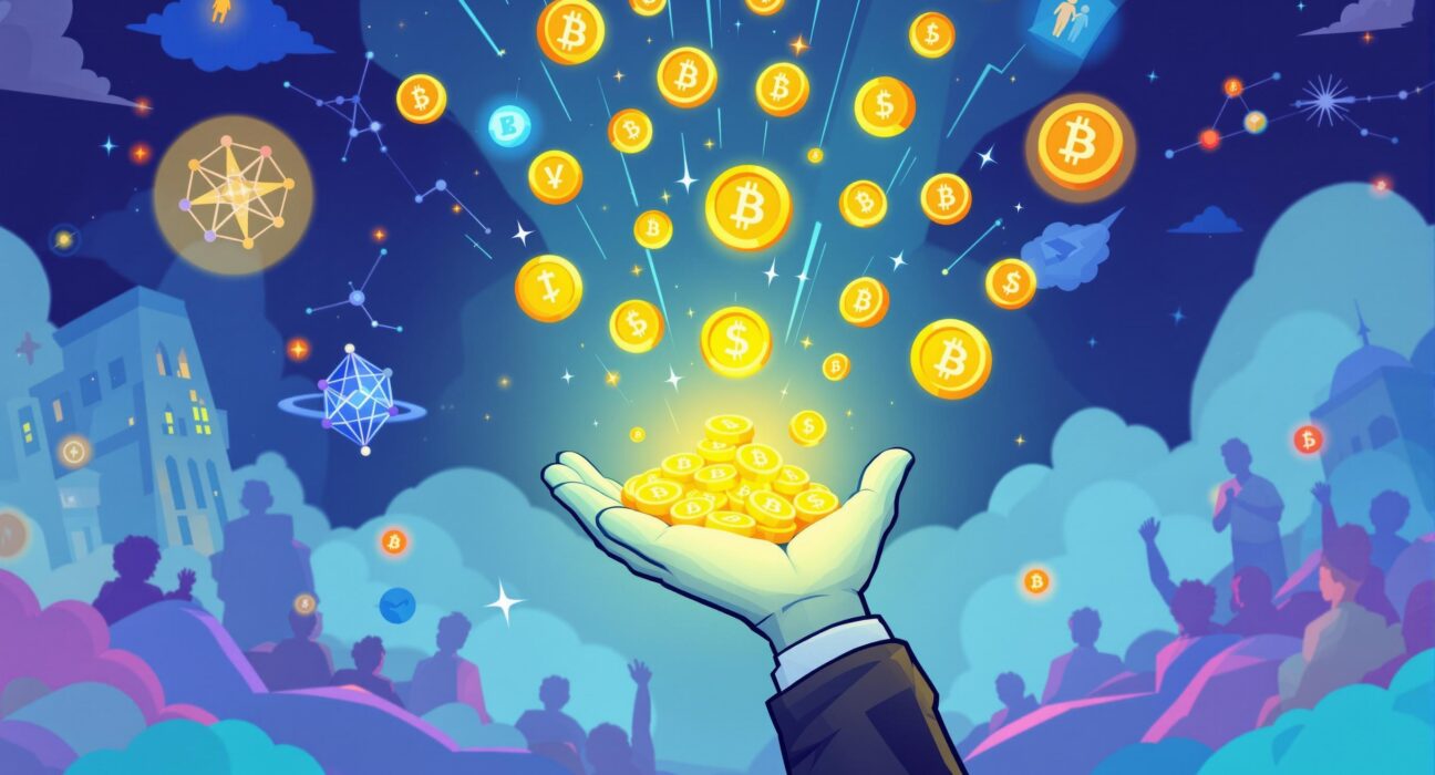 An illustration depicting the excitement of claiming an Aspecta airdrop, with digital tokens falling into outstretched hands.
