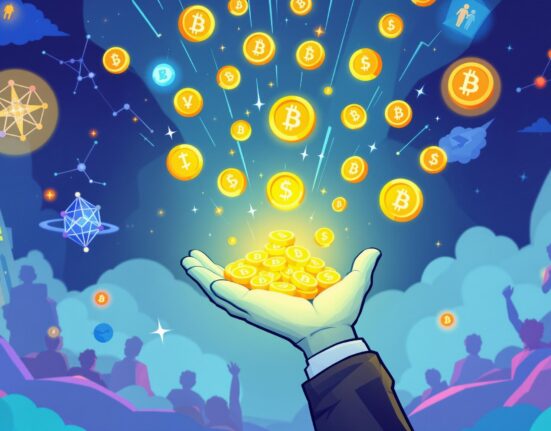 An illustration depicting the excitement of claiming an Aspecta airdrop, with digital tokens falling into outstretched hands.