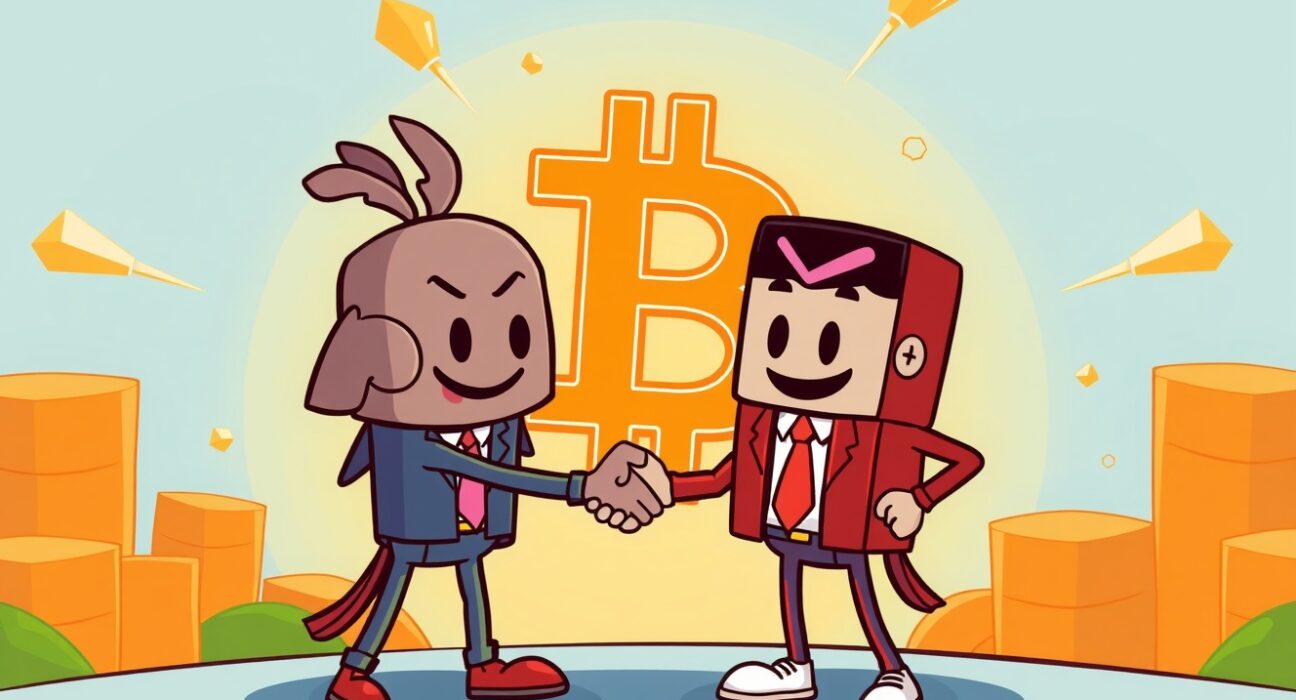 Cartoon illustration depicting a strategic merger facilitating a significant Asset Entities Bitcoin buy for future growth.