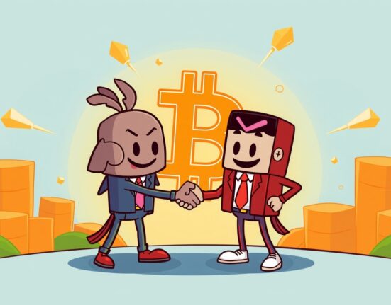 Cartoon illustration depicting a strategic merger facilitating a significant Asset Entities Bitcoin buy for future growth.