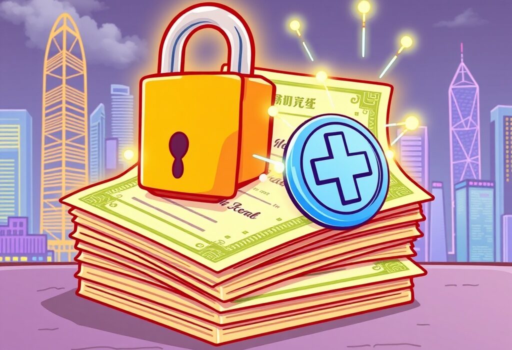 Cartoon illustration showing the **asset tokenization** of traditional shares into digital assets, symbolizing Fosun's innovative move.