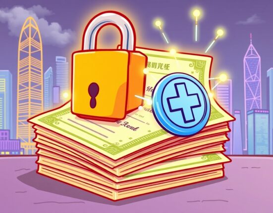 Cartoon illustration showing the **asset tokenization** of traditional shares into digital assets, symbolizing Fosun's innovative move.