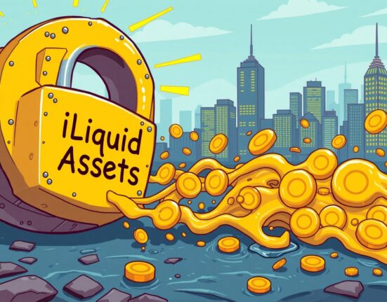 Cartoon illustration showing asset tokenization transforming locked assets into flowing liquidity