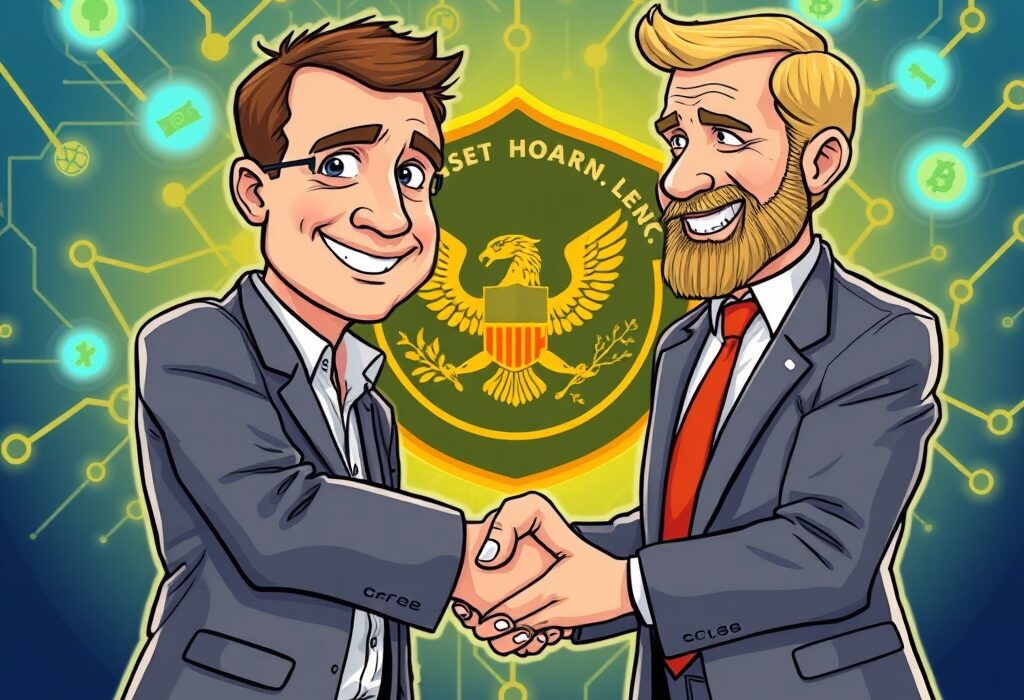 Cartoon showing Chainlink founder and SEC representative discussing the future of asset tokenization and on-chain compliance.
