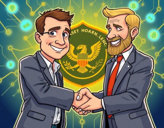 Cartoon showing Chainlink founder and SEC representative discussing the future of asset tokenization and on-chain compliance.