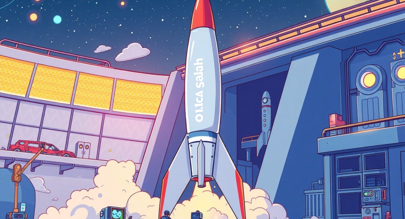 A cartoon illustration of the Astar Chain rocket in a testing phase, symbolizing its imminent launch into decentralized finance.