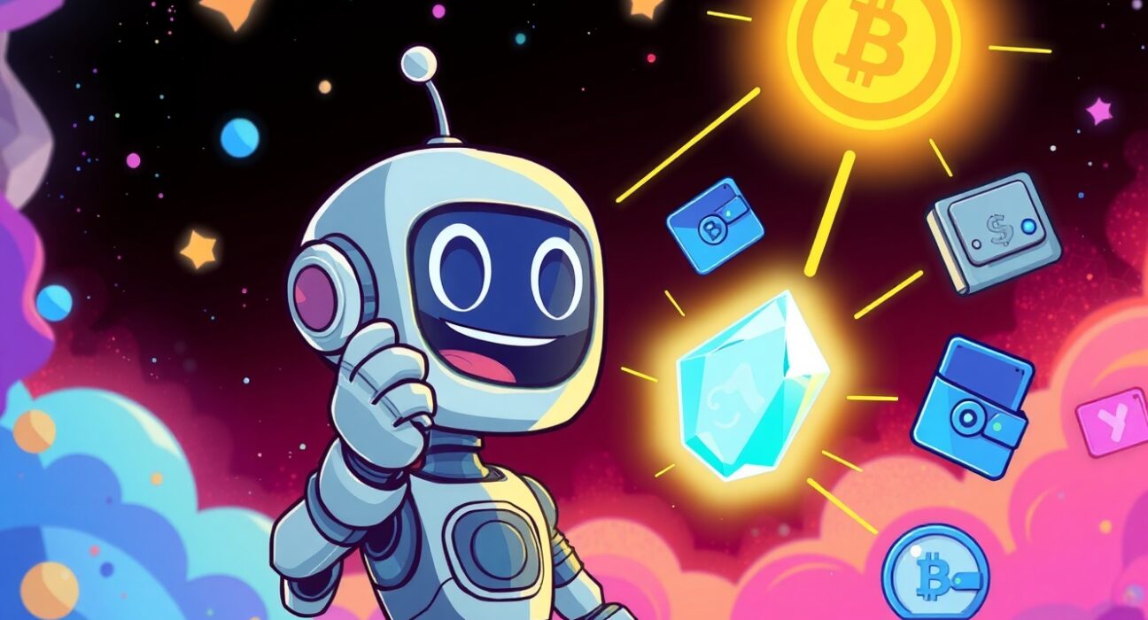 Astar airdrop distributing digital tokens as glowing crystals to wallets in a vibrant cartoon scene.