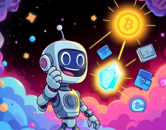 Astar airdrop distributing digital tokens as glowing crystals to wallets in a vibrant cartoon scene.
