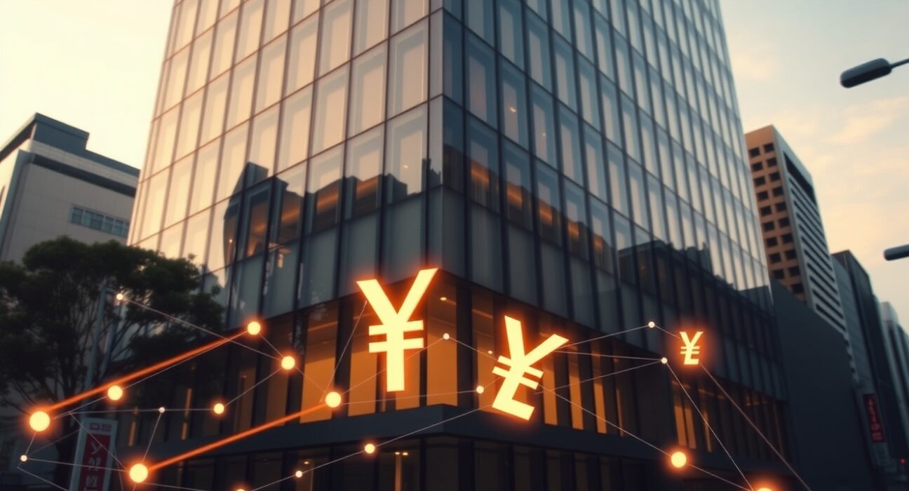 Modern bank building in Tokyo with digital yen and blockchain overlay representing stablecoin innovation