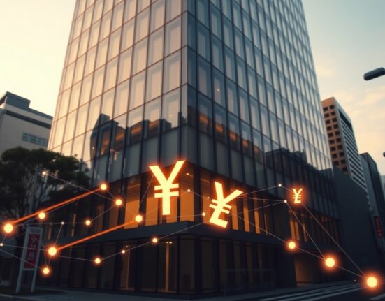 Modern bank building in Tokyo with digital yen and blockchain overlay representing stablecoin innovation