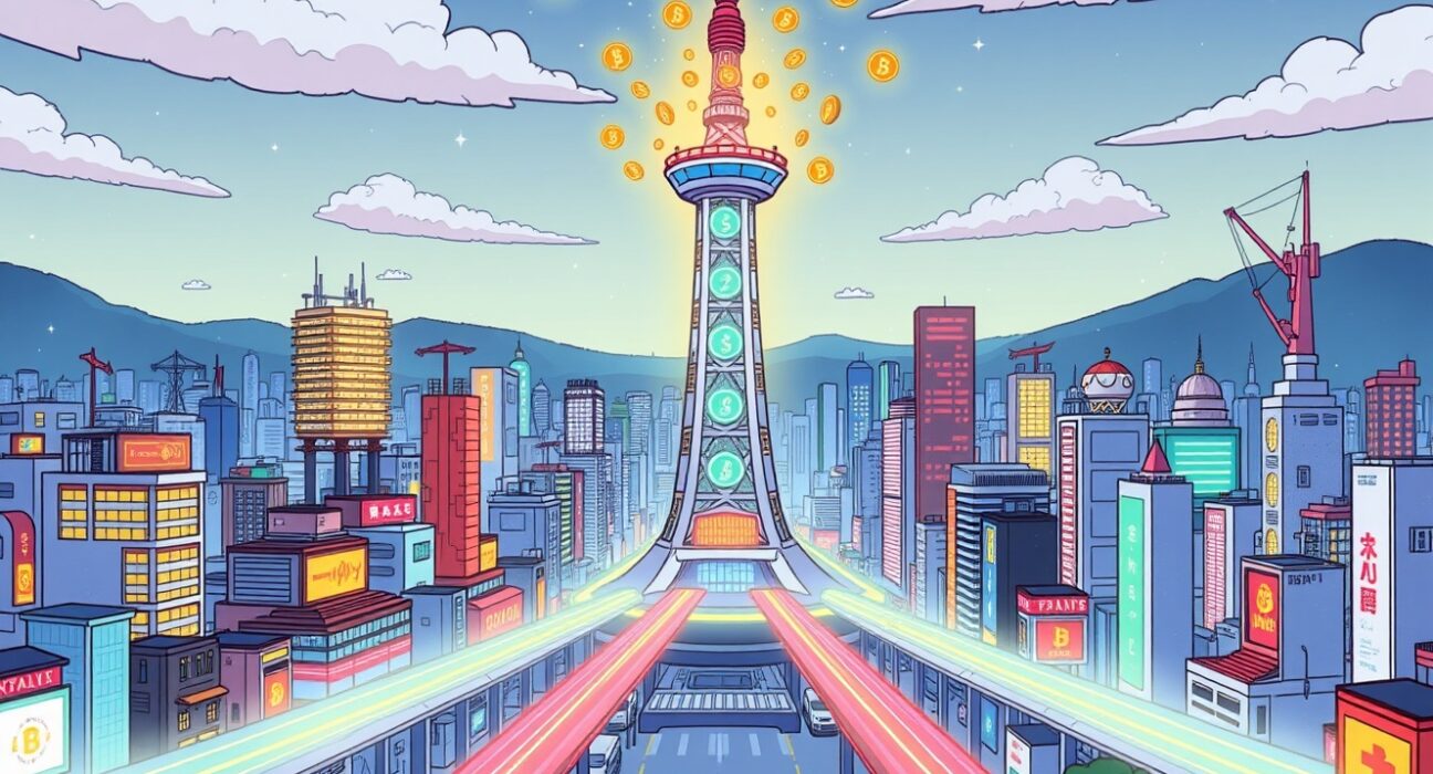 Astar roadmap illustrating blockchain evolution with token mechanisms in a vibrant cityscape