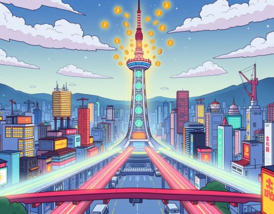 Astar roadmap illustrating blockchain evolution with token mechanisms in a vibrant cityscape