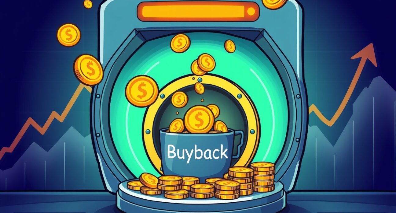 A cartoon illustration showing digital coins flowing into a 'buyback' vault, symbolizing Astar token buyback efforts to boost value.