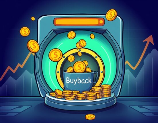 A cartoon illustration showing digital coins flowing into a 'buyback' vault, symbolizing Astar token buyback efforts to boost value.