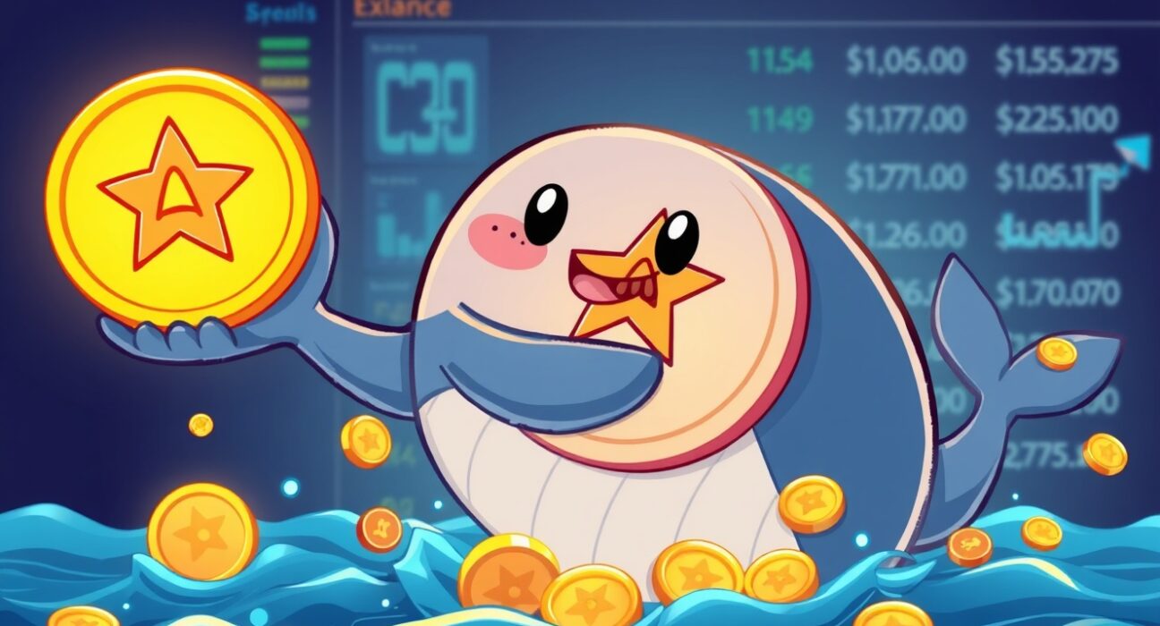 A cartoon Astar whale holding a significant amount of ASTER, symbolizing a major investor's accumulation on a crypto exchange.