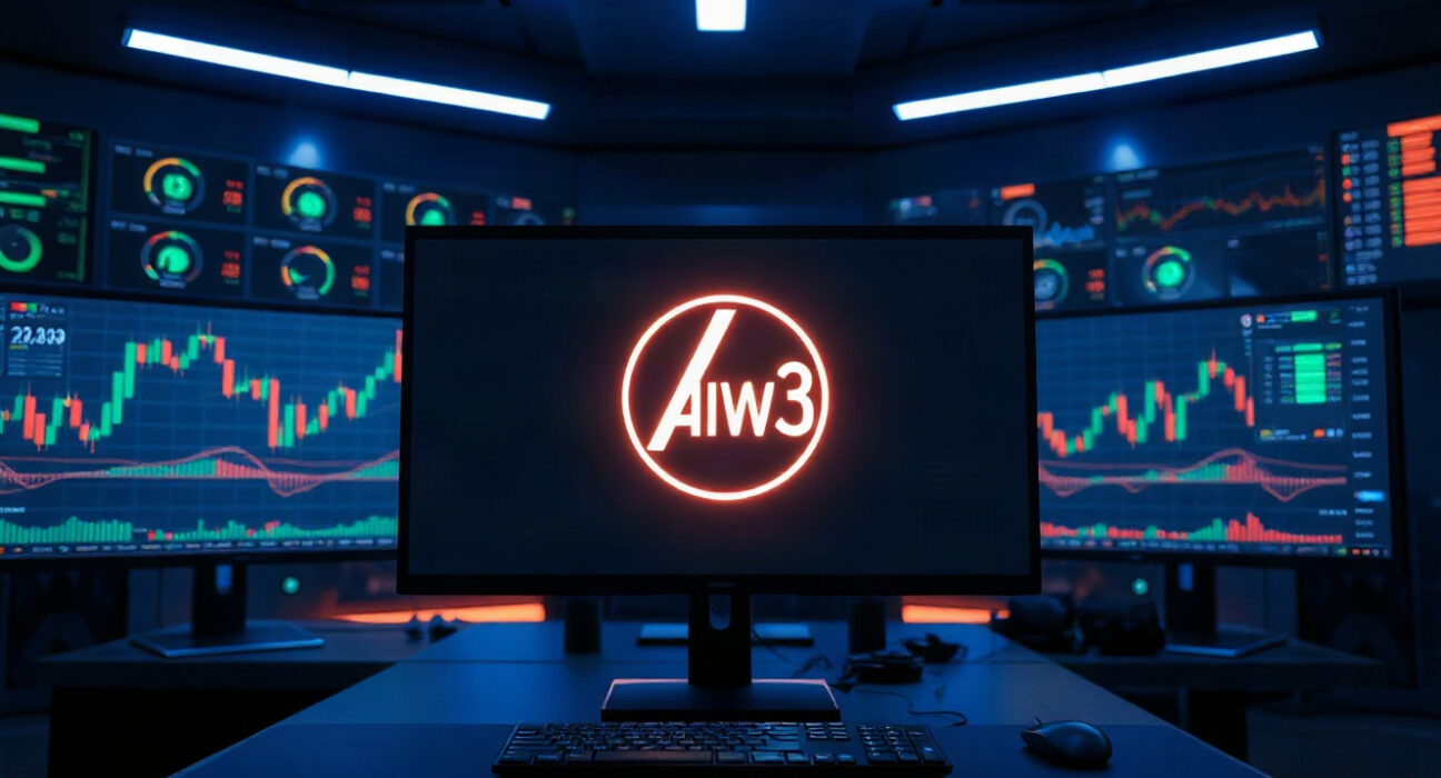 AIW3 token symbol displayed on a trading monitor in a professional trading room, representing the Aster perpetual futures campaign.