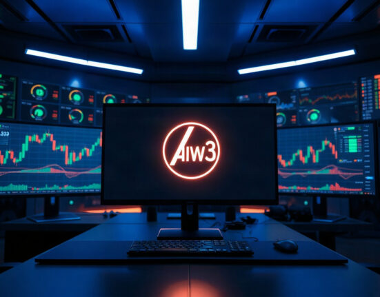 AIW3 token symbol displayed on a trading monitor in a professional trading room, representing the Aster perpetual futures campaign.