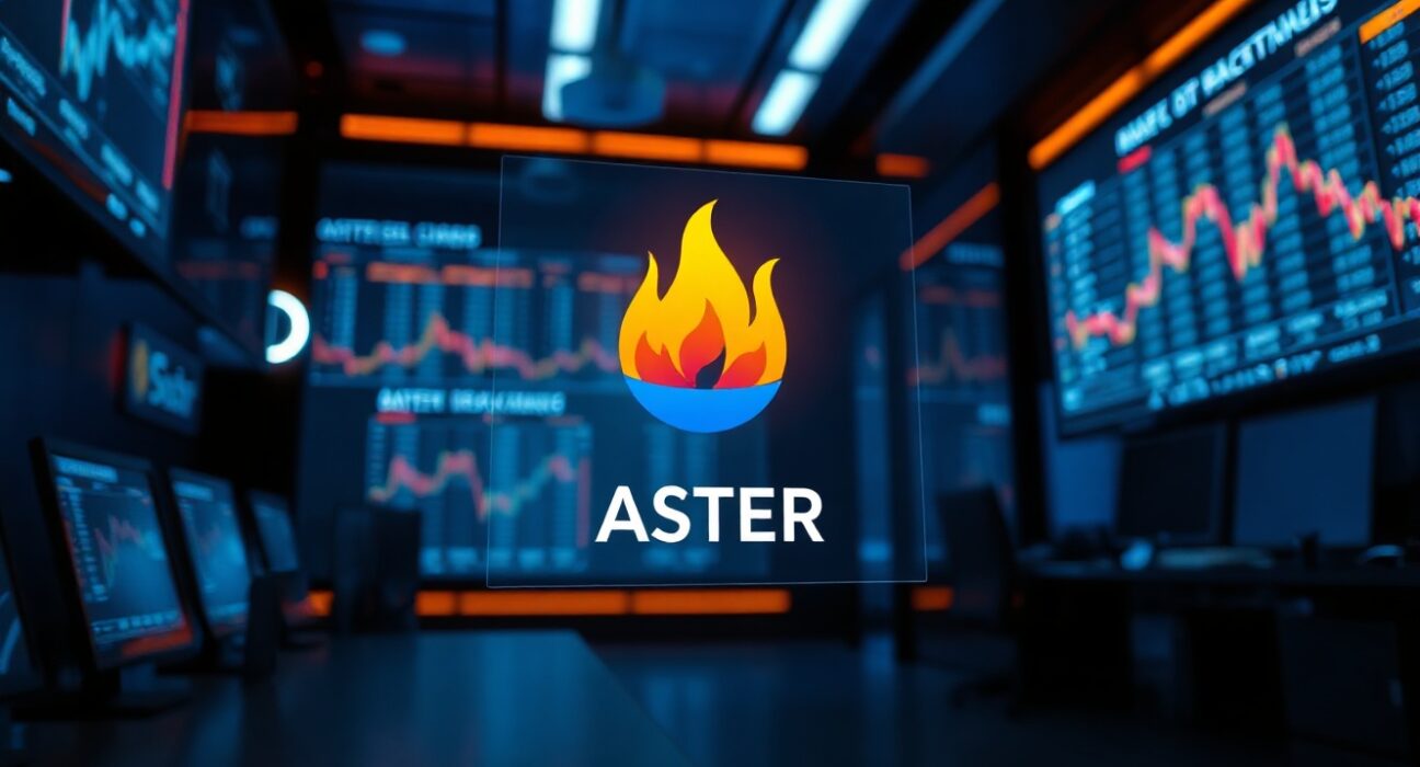 Digital display showing a burning ASTER token symbol with charts in a trading environment