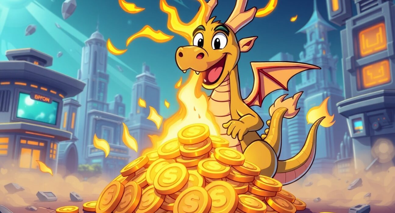 A cartoon dragon performing a massive ASTER token burn to increase scarcity and value.
