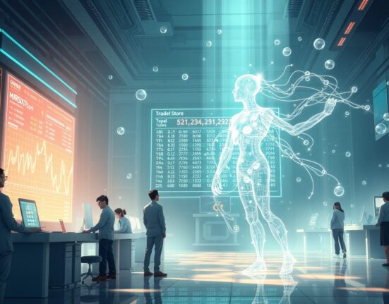 Aster DEX's human vs AI trading competition visualized as a futuristic showdown on a digital trading floor.