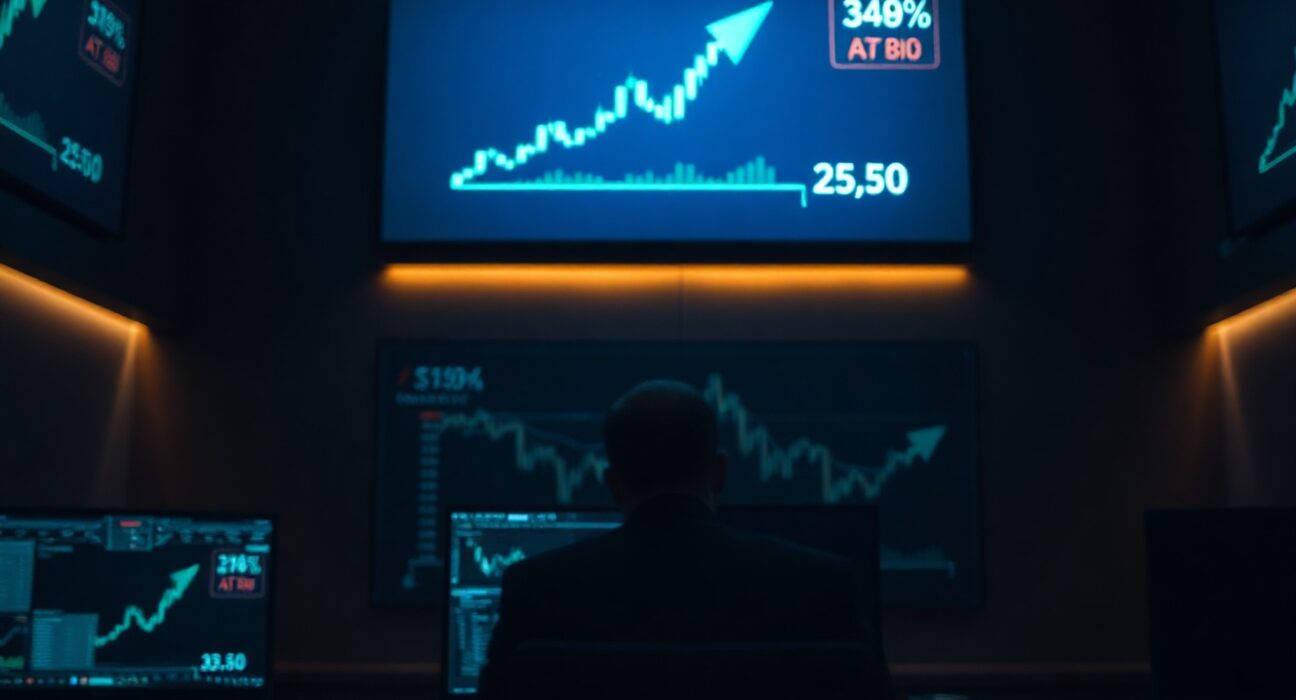 Aster DEX trading interface with upward trending chart and trader silhouette in dark room