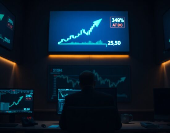 Aster DEX trading interface with upward trending chart and trader silhouette in dark room
