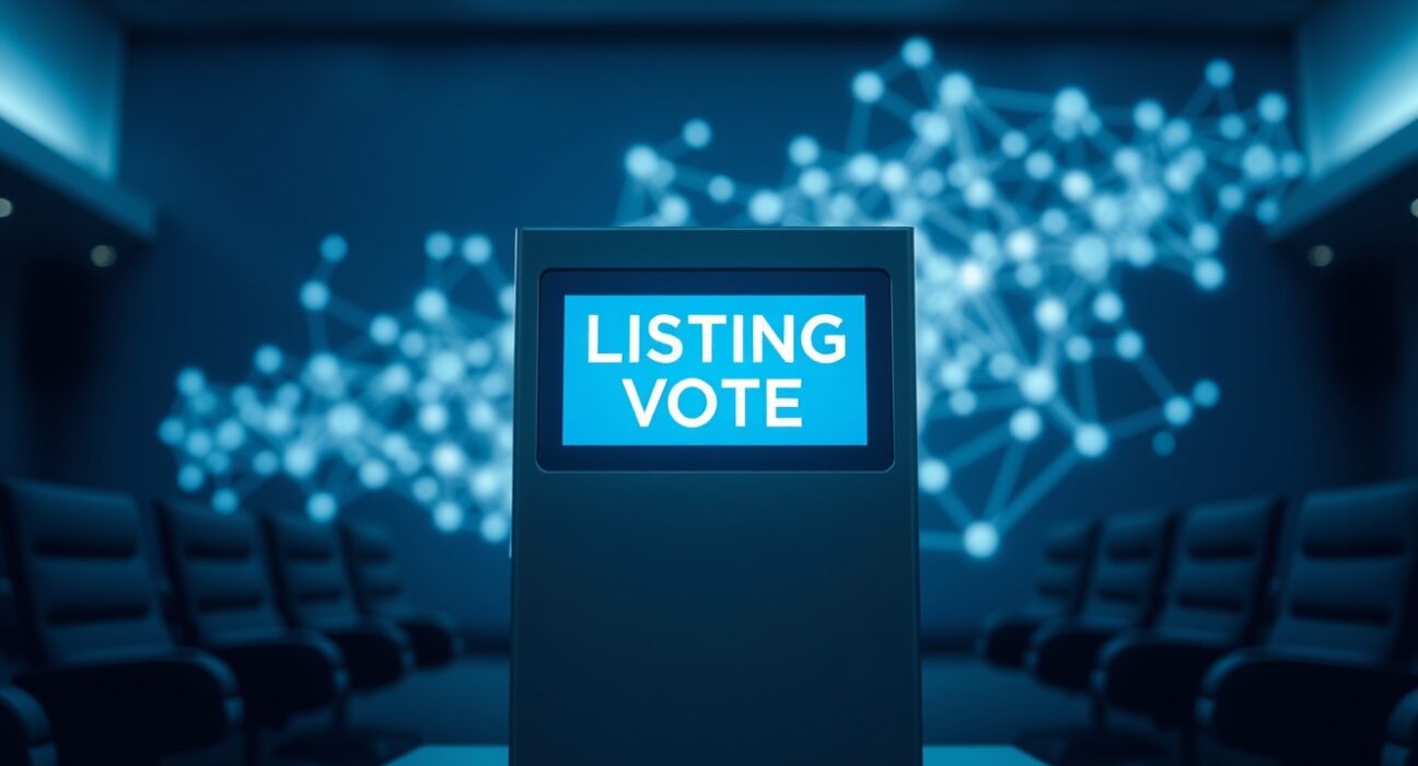 Digital ballot box for Aster DEX Listing Vote with blockchain network background