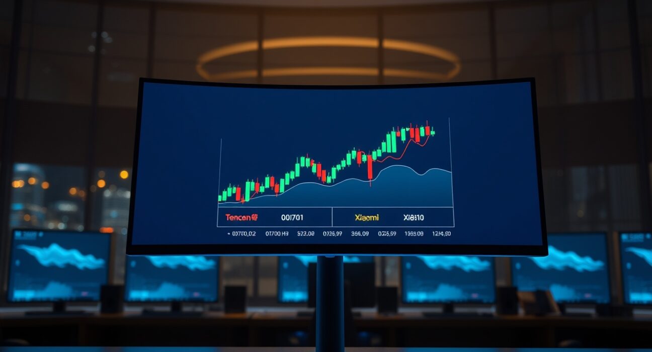 Digital trading interface showing perpetual futures for Tencent and Xiaomi on a monitor in a professional trading environment.