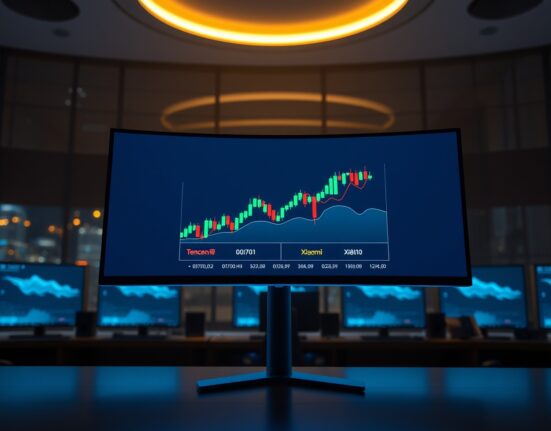 Digital trading interface showing perpetual futures for Tencent and Xiaomi on a monitor in a professional trading environment.