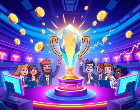Vibrant cartoon scene of a crypto futures trading competition with a glowing crystal trophy.