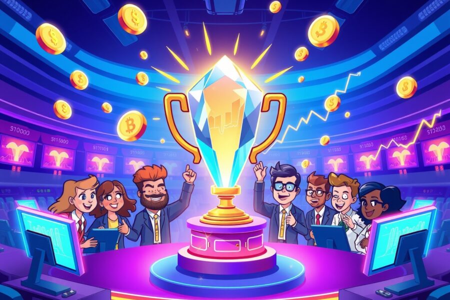 Vibrant cartoon scene of a crypto futures trading competition with a glowing crystal trophy.