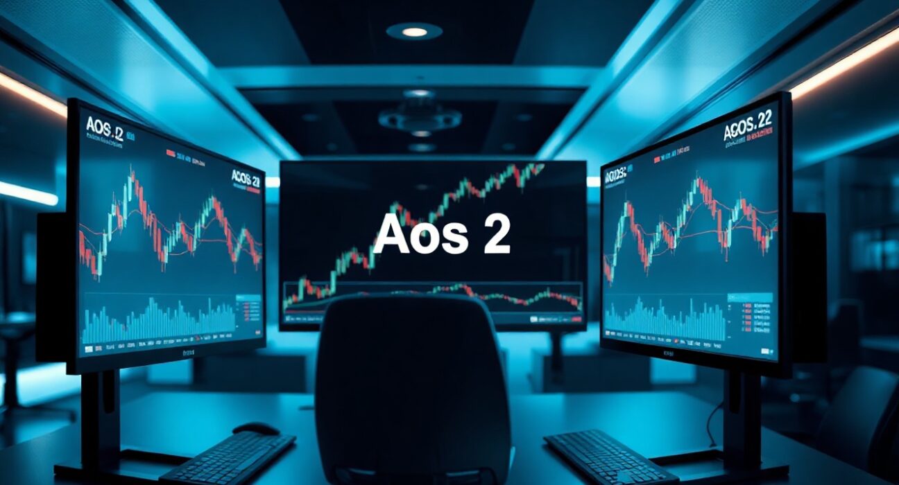 Trading desk with monitors showing perpetual futures charts and AOS-2 interface