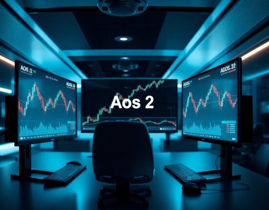 Trading desk with monitors showing perpetual futures charts and AOS-2 interface