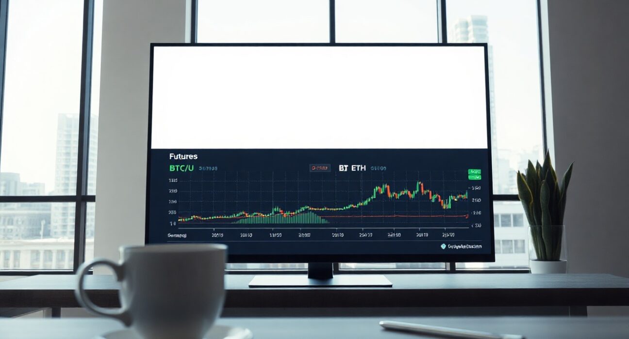 Digital trading interface showing BTC/U and ETH/U perpetual futures pairs on a large screen