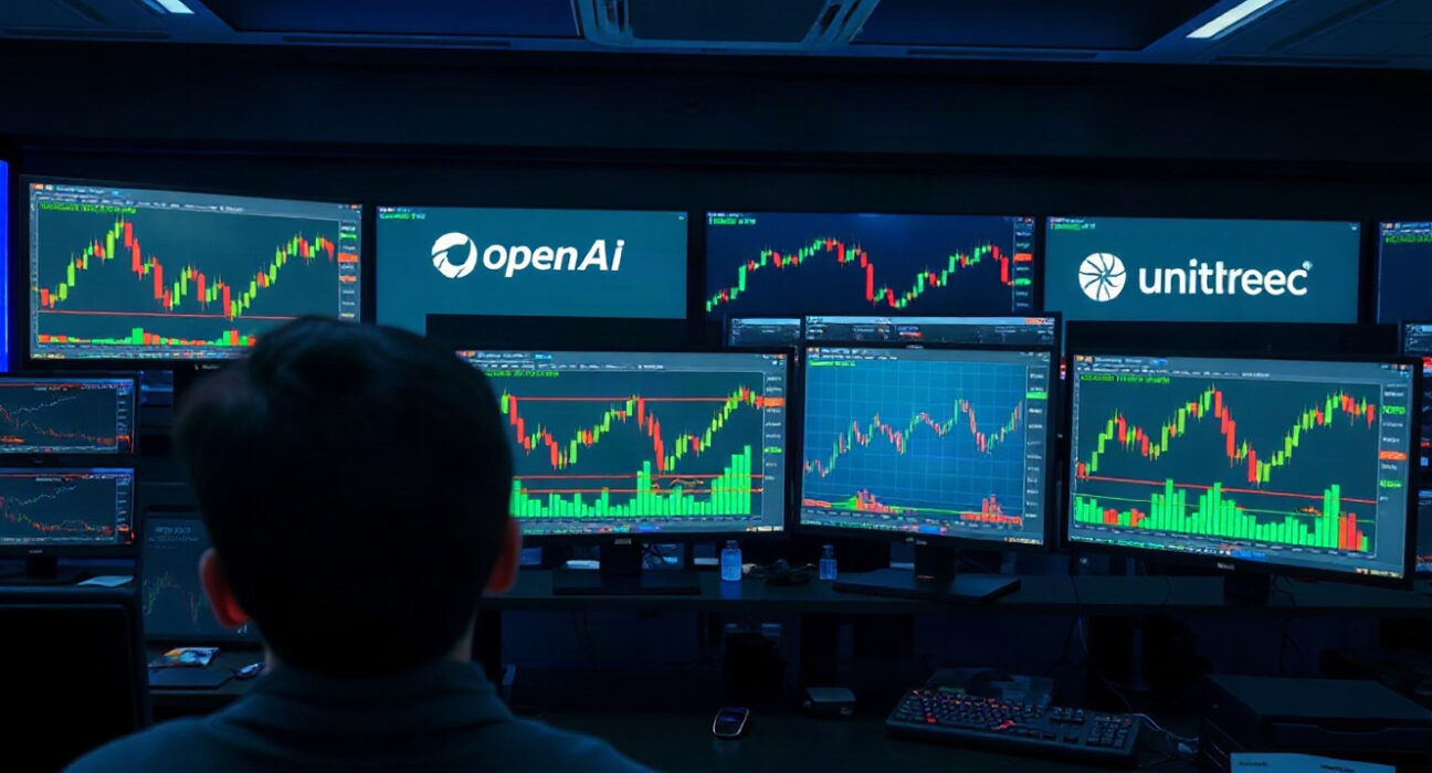 Trader monitoring perpetual futures charts for OpenAI, Anthropic, and Unitree on multiple screens.
