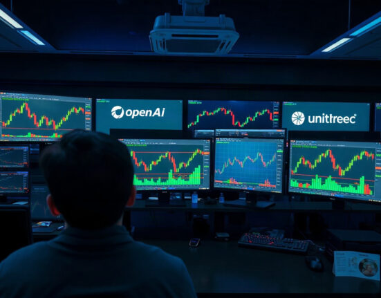 Trader monitoring perpetual futures charts for OpenAI, Anthropic, and Unitree on multiple screens.