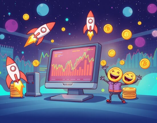 Vibrant cartoon illustration of the exciting Aster RTX listing campaign with digital rewards and trading activity.