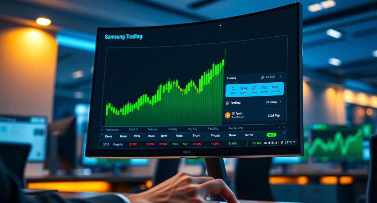 Aster RWA perpetual trading interface showing Samsung and SK Hynix stock derivatives on a monitor