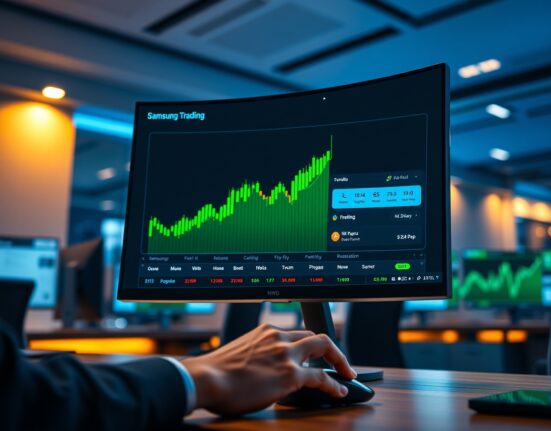 Aster RWA perpetual trading interface showing Samsung and SK Hynix stock derivatives on a monitor