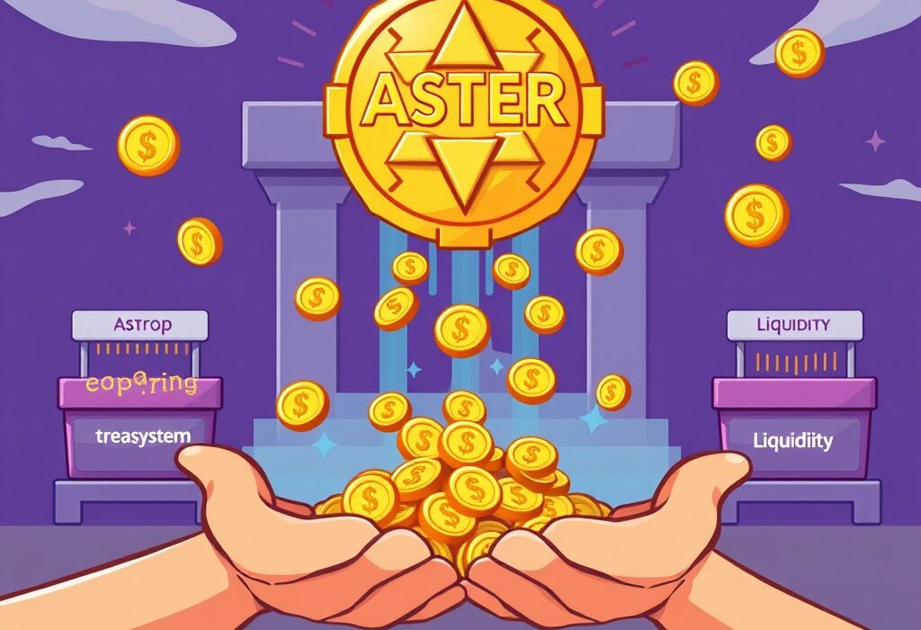 A cartoon illustration depicting the strategic distribution of ASTER tokenomics, highlighting the significant airdrop allocation.