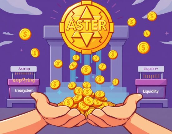 A cartoon illustration depicting the strategic distribution of ASTER tokenomics, highlighting the significant airdrop allocation.