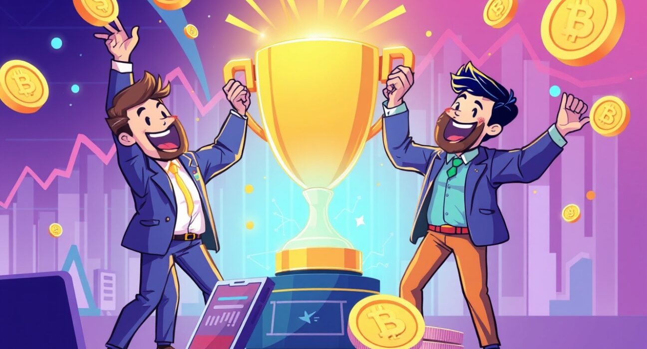 ASTER trading competition celebration with digital rewards and animated traders