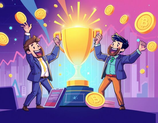 ASTER trading competition celebration with digital rewards and animated traders
