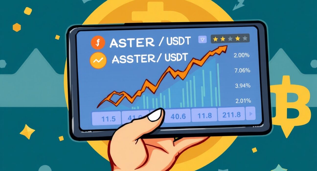 A vibrant cartoon illustration depicting an ASTER trading screen showing positive market movement, symbolizing a strong project start.