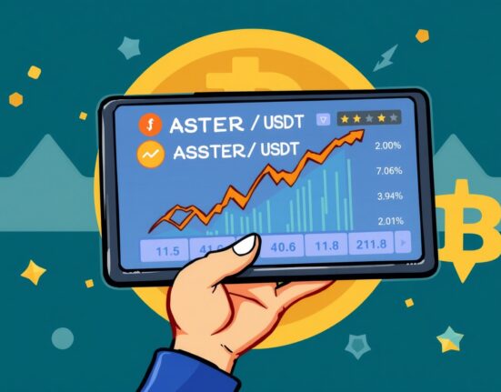 A vibrant cartoon illustration depicting an ASTER trading screen showing positive market movement, symbolizing a strong project start.