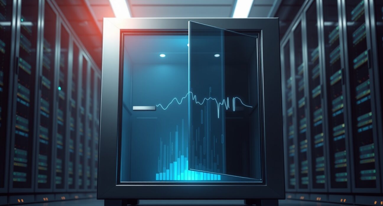 Aster TVL decline represented by an open digital vault with fading data streams in a server room.