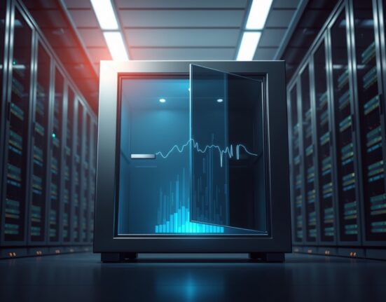 Aster TVL decline represented by an open digital vault with fading data streams in a server room.